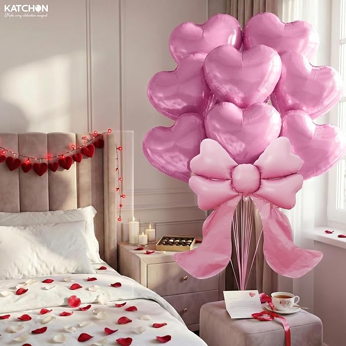 Heart & Bow Balloons Set Pack of 9 Pink | Valentines Day