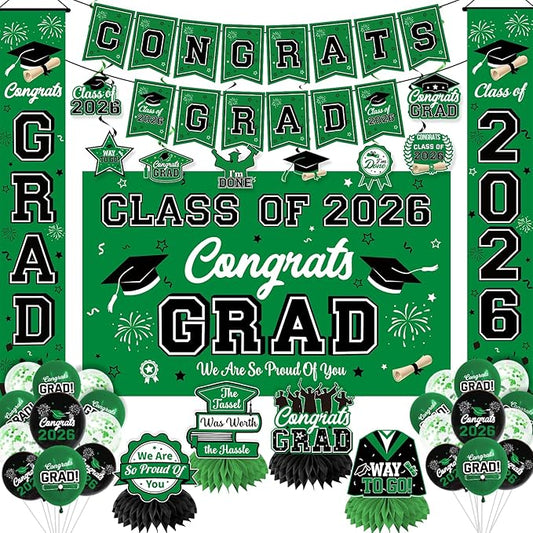 Graduation Decorations 2026 Green Graduation Party Decor Set include