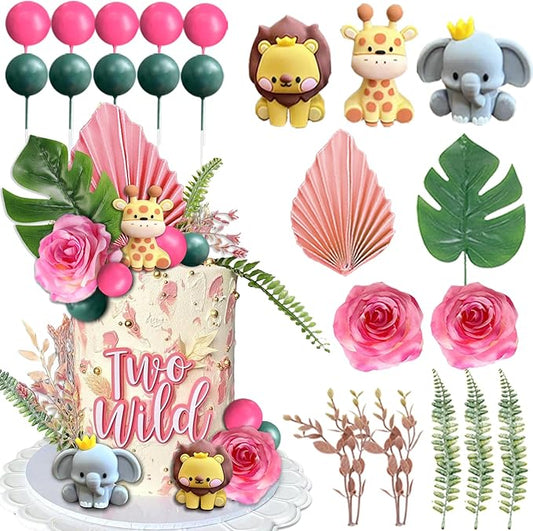 22pcs Safari Jungle Animal Cake Toppers Flower Balls Cake Decoration