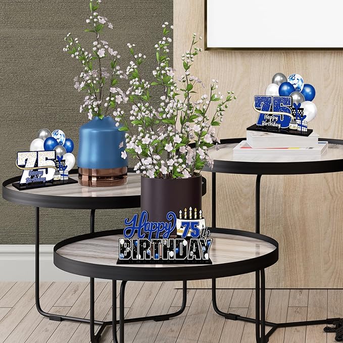 Happy 75th Birthday Blue Acrylic Table Topper Centerpieces