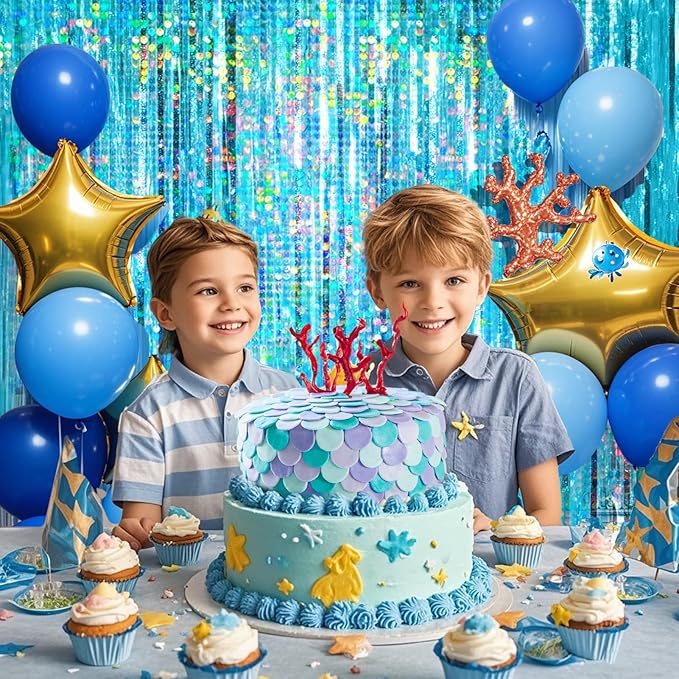 4 Packs Blue Foil Fringe Curtain, Light Blue Glitter Metallic Tinsel