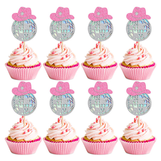 Cyodoos 24 Sparkling Disco Ball Cowboy Hat Cupcake Topper Western
