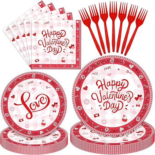 96 Pieces Valentine's Day Tableware Set Red and White Disposable