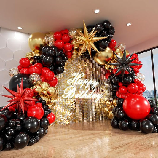 Red and Black Gold Balloon Arch Kit, 140Pcs Explosion Star Black