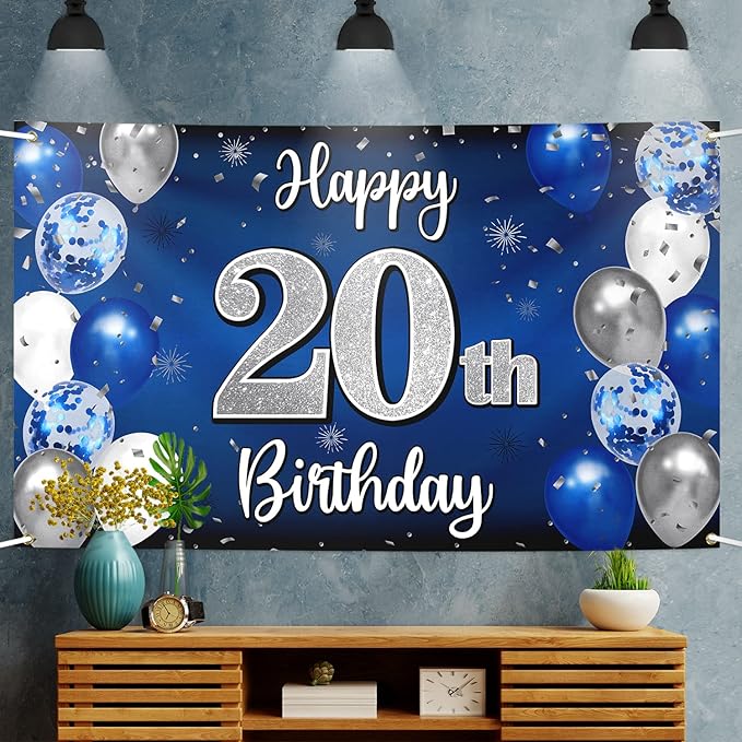 Happy 20th Birthday Decorations 20th Blue & Silver Balloon Large