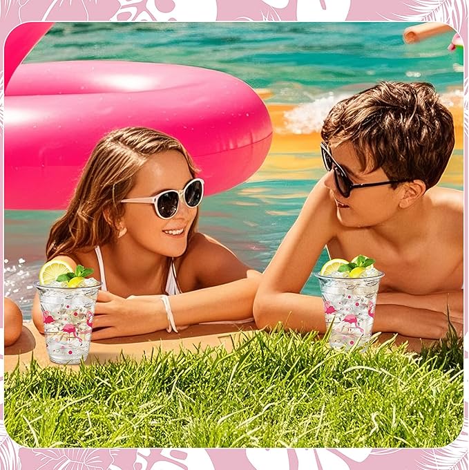 50 Pcs Flamingo Cups Bulk Hawaiian Luau Party Favor 12 oz Disposable
