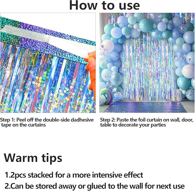 2 Packs Iridescent Foil Fringe Curtain, Neon Transparent Holographic