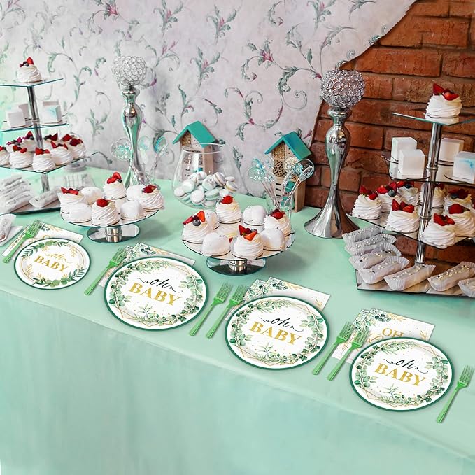 96PCS Sage Greenery Oh Baby Tableware Set Baby Shower Dinnerware