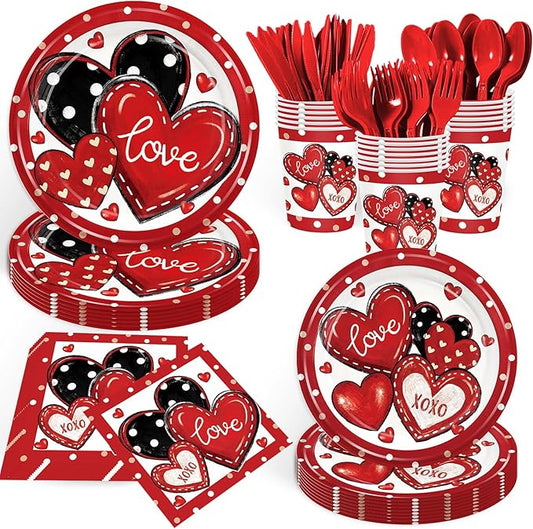 168Pcs Valentine's Day Party Supplies Red and Black Heart Party