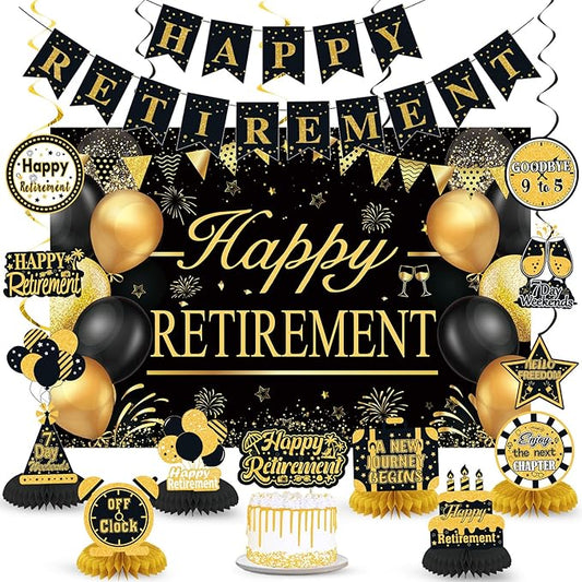 Retirement Party Decorations for Men Women Black Gold Happy Retirement
