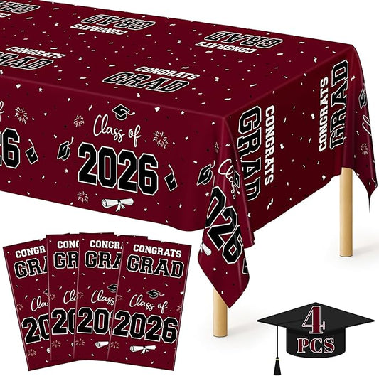 4 Pack Graduation Table Decorations 2026, 54" x 108" Maroon