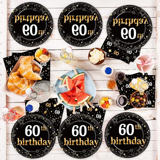 60th Birthday Party Supplies Serves 24 Black and Gold 60 Years Old