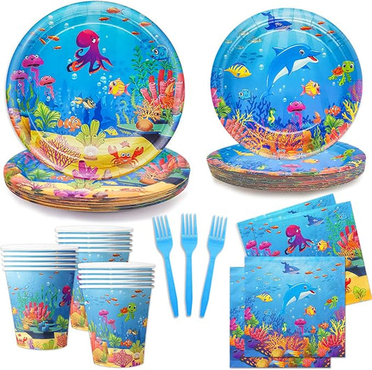 120 Pcs Under the Sea Party Decorations Ocean Birthday Party Plates