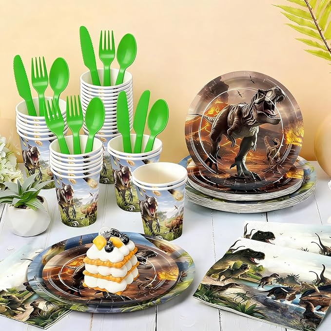 168pcs Dinosaur Party Supplies Dino Plates Napkins Disposable