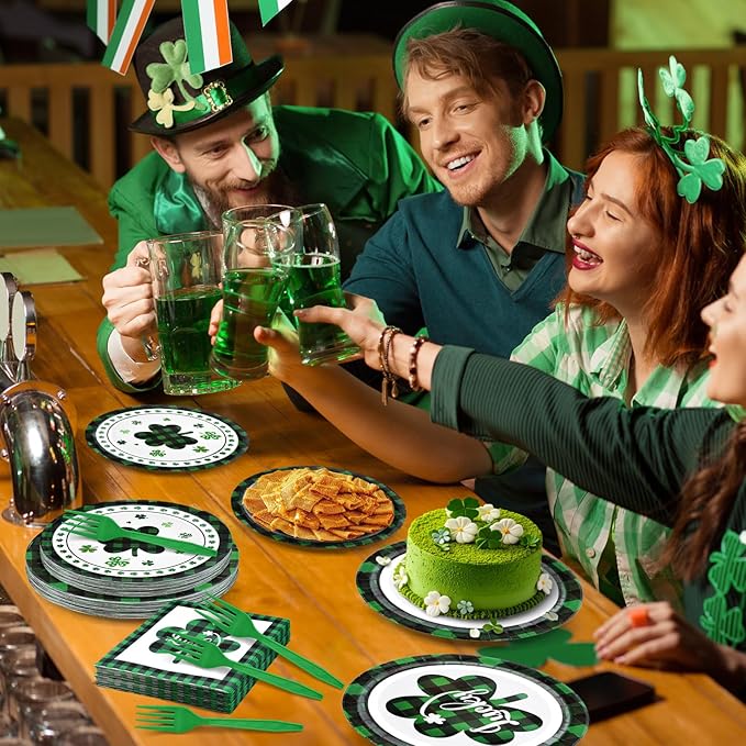 96 Pieces St Patrick's Day Tableware Set Green and Black Plaid