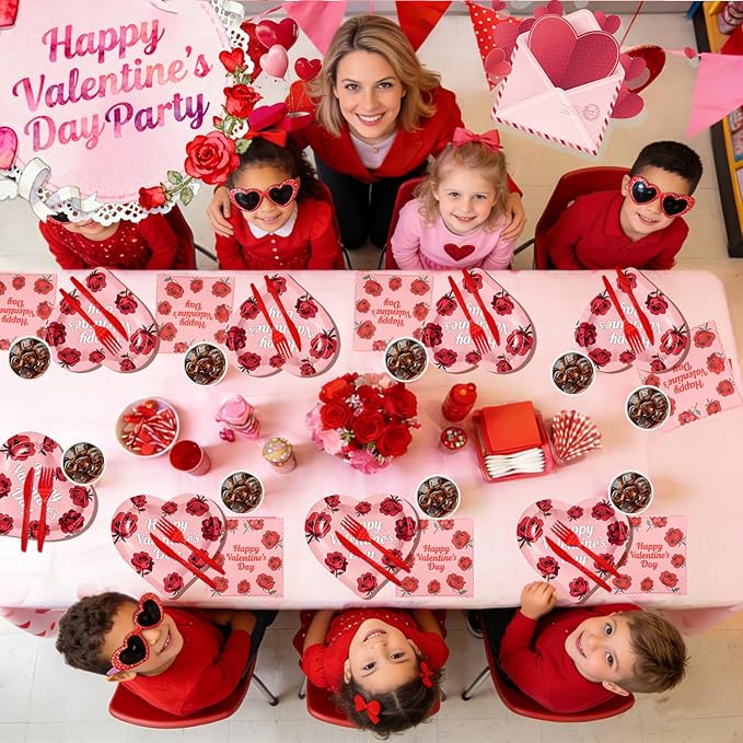 125PCS Valentine's Day Plates and Napkins Set Rose Heart Disposable
