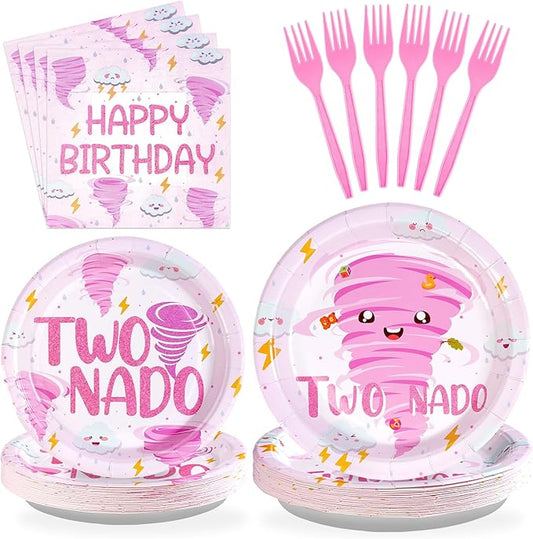 96Pcs Two Nado Party Supplies Pink Tornado 2nd Birthday Plates and