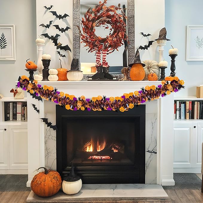 Halloween Garland Decorations 50Ft Glitter Tinsel Pumpkin Bats