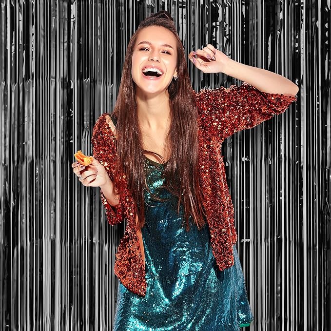 2 Pack Laser Black Foil Fringe Backdrop Curtains, Tinsel