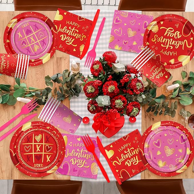 144PCS Valentine's Day Party Supplies Valentines Day Tableware Set