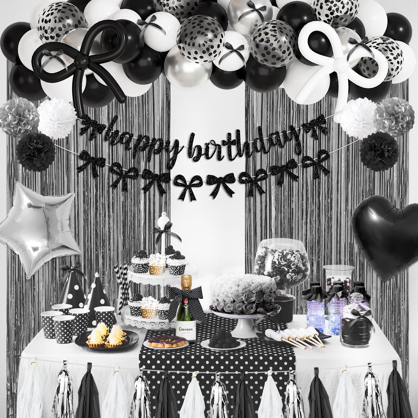 Black Bow Birthday Party Decorations, Coquette Bow Black and White