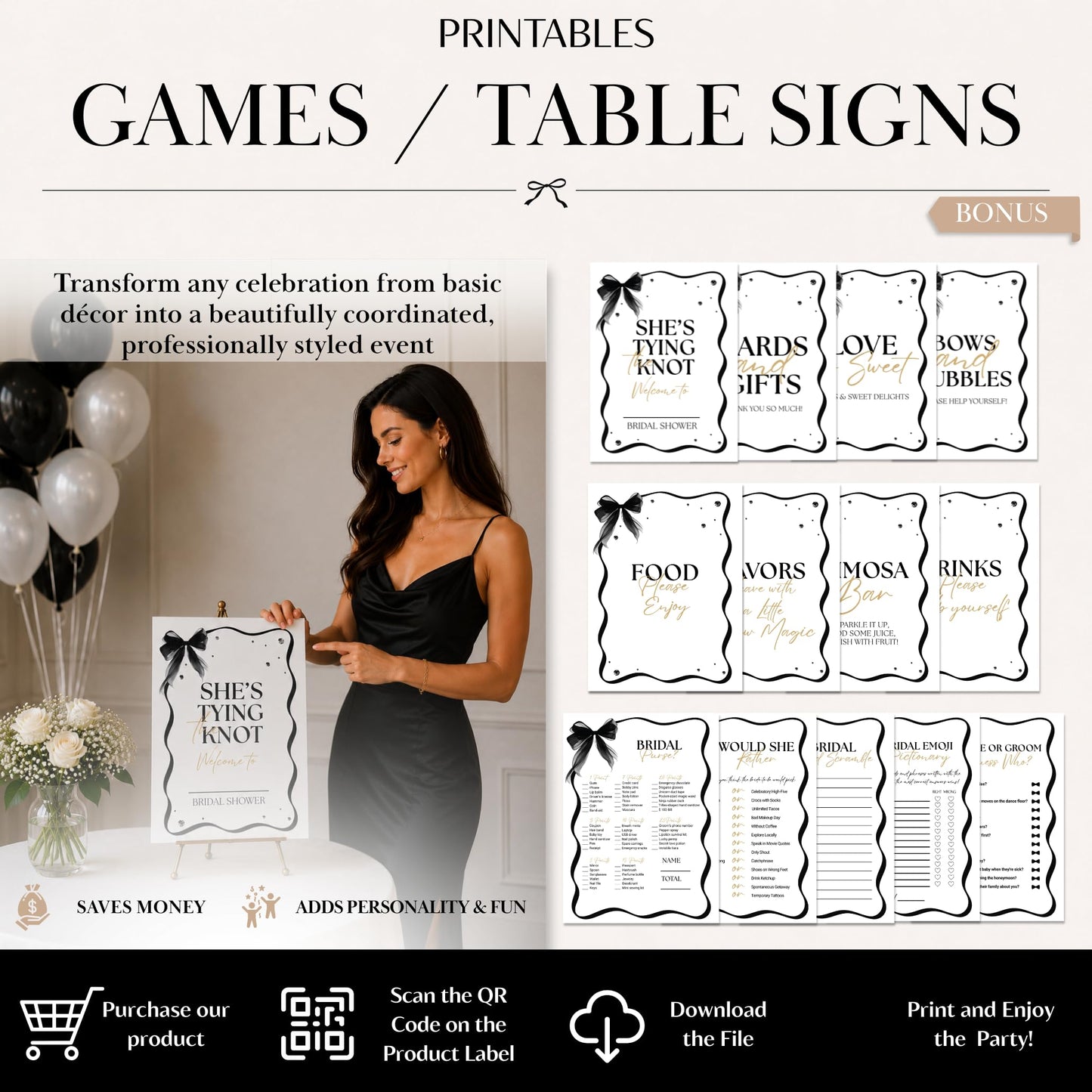 325 Pc Black Bow Bridal Shower Decorations Set - She’s Tying the Knot