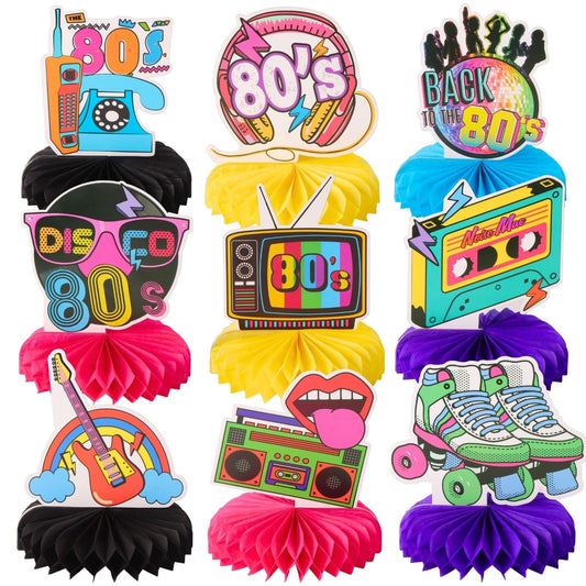9pcs Back to the 80s Honeycomb Centerpieces for 1980s Disco Party