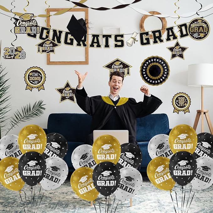 Black and Gold Themed 2026 Graduation Decorations Set Congrats Grad