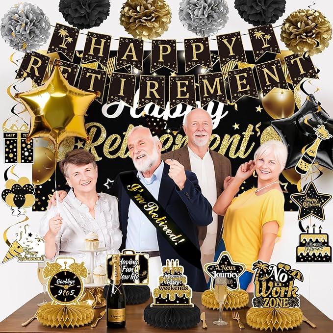 22Pcs Retirement Party Decorations for Men Women Black and Gold