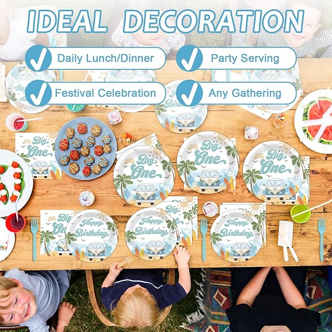 Summer Beach The Big One Party Plates Napkins Boy Surfing First