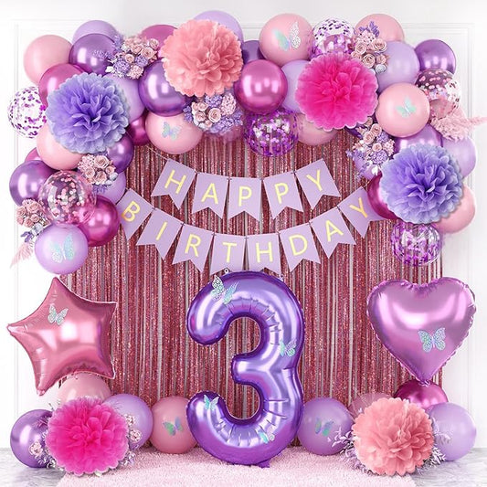 Pink Purple 3rd Birthday Party Decorations for Girls Number 3
