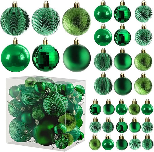 Prextex 36-Pieces Green Christmas Ornaments Set - Shatterproof,