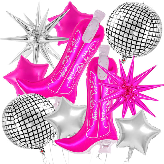 10 Pcs Pink Cowgirl Boot Balloons, Foil Disco Cowgirl Balloons Western
