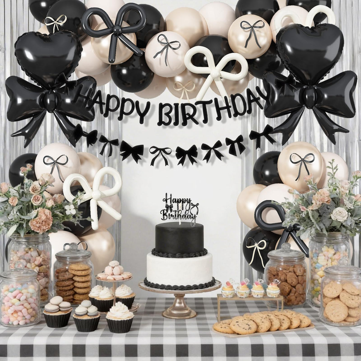 Black Bow Birthday Party Decorations, Coquette Bow Black Sand White