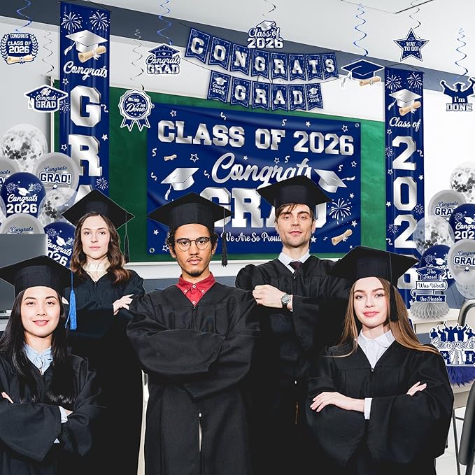 Graduation Decorations 2026 Blue and Silver Graduation Party Decor