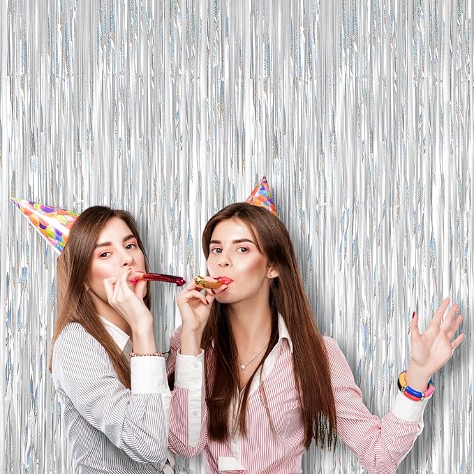 2 Pack Laser Silver Foil Fringe Backdrop Curtains, Tinsel