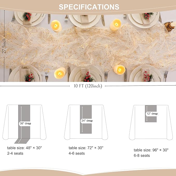 Snowkingdom 3Pcs 10Ft Gold Table Runners, Sheer Gauze Chiffon
