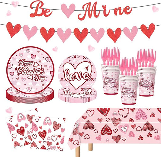 122PCS Valentine's Day Party Supplies Pink Heart Paper Plates