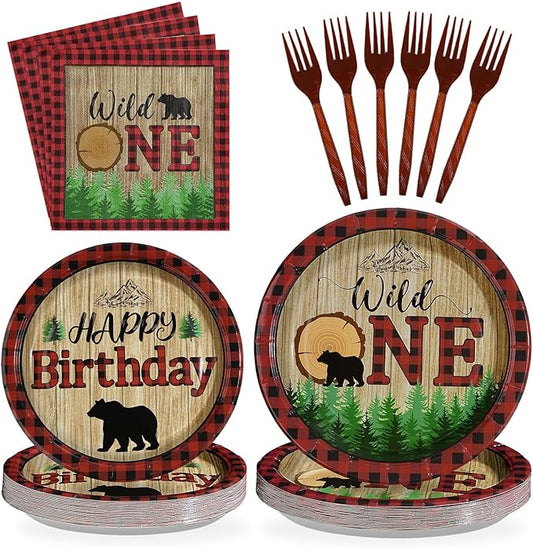 96Pcs Lumberjack Wild One Birthday Decorations Buffalo Plaid