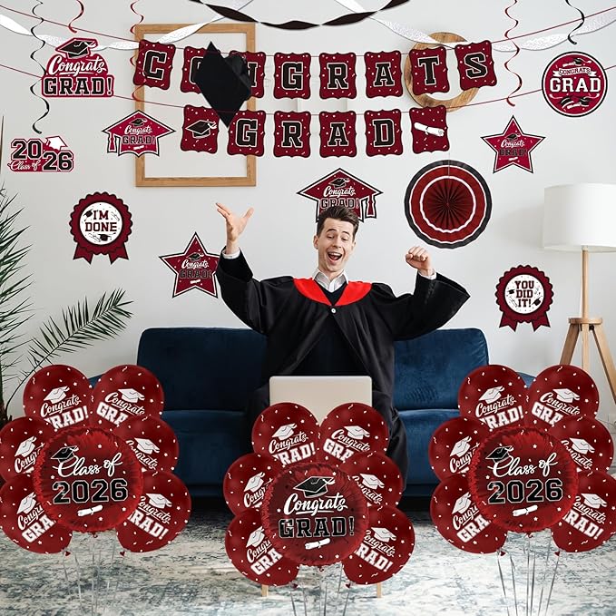 Maroon Themed 2026 Graduation Decorations Set - Congrats Grad Banner,