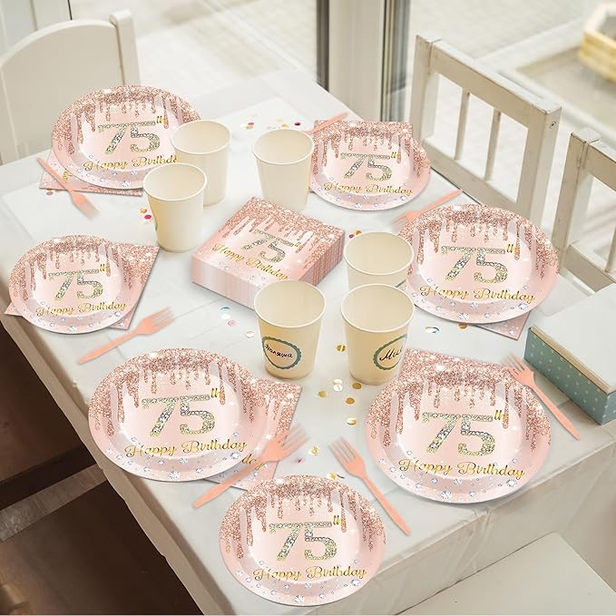 96 Pcs Rose Gold 75th Birthday Party Plates and Napkins for Girls