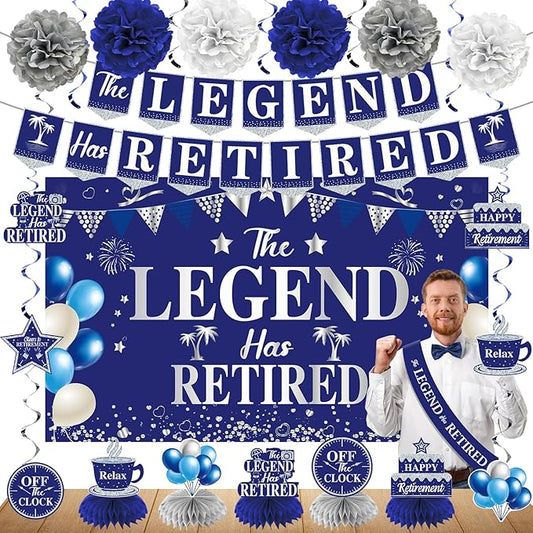 Retirement Party Decorations Blue Silver 20PCS Kit Banner Backdrop