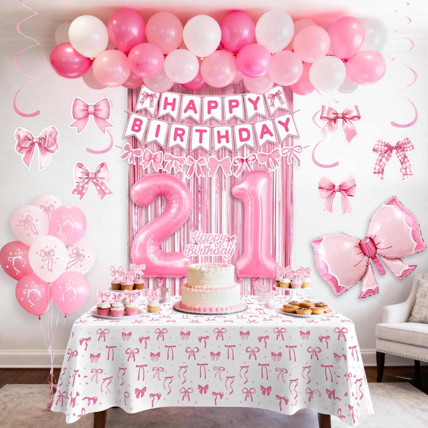 21st Pink Birthday Decorations for Women, Pink Bow Coquette Birthday