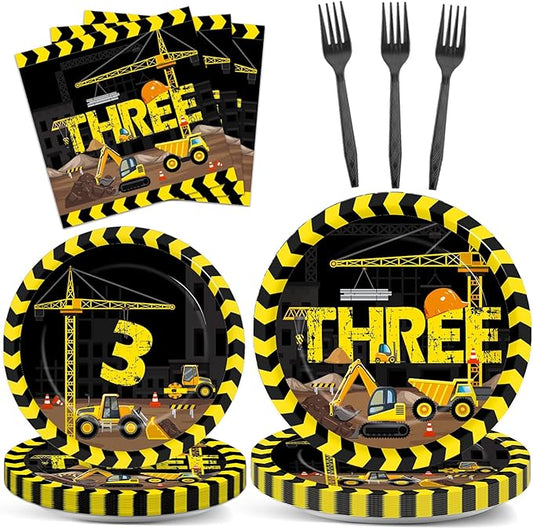 100 Pcs Construction Plates and Napkins Set 3rd Birthday Party
