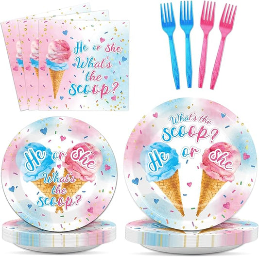 96PCS Ice Cream Gender Reveal Party Paper Tableware What's the Scoop