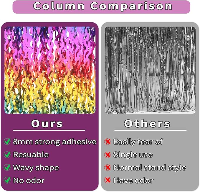 4 Pack Wavy Rainbow Foil Fringe Curtain | 3.3x6.6ft Colorful Tinsel