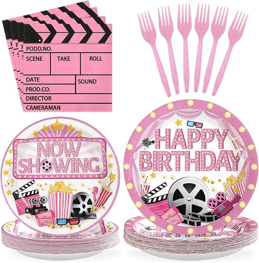 96Pcs Movie Night Party Decorations Pink Movie Plates and Napkins