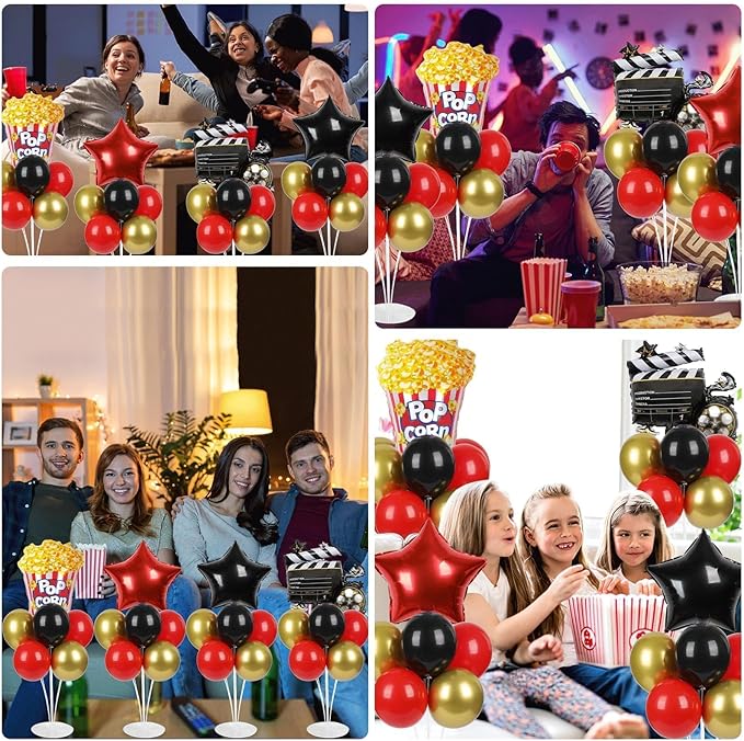 4 Sets Movie Night Party Balloons Stand Kit with Popcorn Clapboard