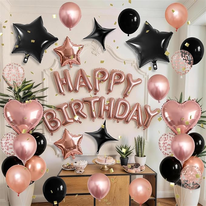 Rose Gold and Black Birthday Decorations for Women Black Pearl Rose