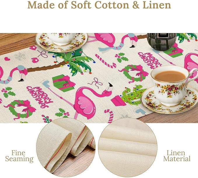 Summer Flamingo Table Runner, Cute July Christmas Flamingo Tropical